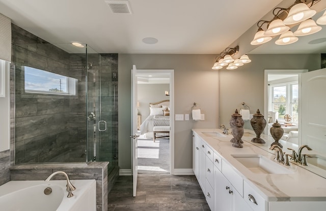 bathroom with independent shower and bath and vanity