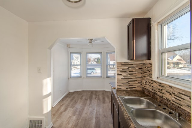 kitchen featuring decorative backsplash, a healthy amount of sunlight, light hardwood / wood-style floors, and sink