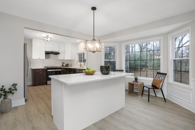 kitchen featuring dark brown cabinetry, white cabinetry, stainless steel appliances, pendant lighting, and light hardwood / wood-style floors