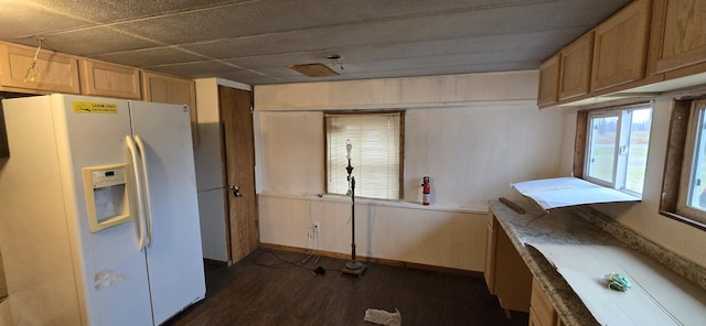 kitchen with dark hardwood / wood-style floors and white refrigerator with ice dispenser