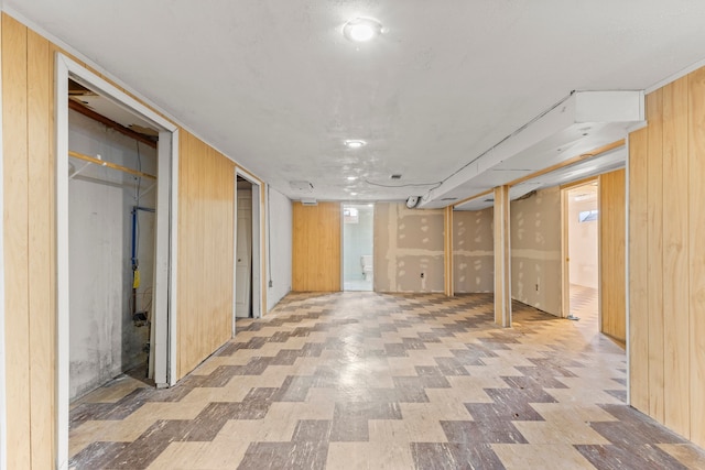 basement with wooden walls