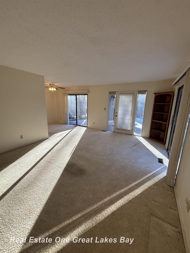 spare room featuring carpet flooring, a healthy amount of sunlight, and a textured ceiling