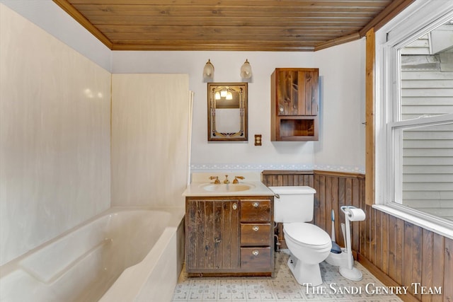 bathroom featuring a bathtub, vanity, wooden ceiling, toilet, and wood walls