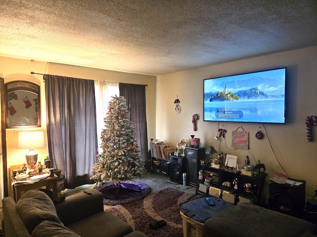 carpeted living room featuring a textured ceiling