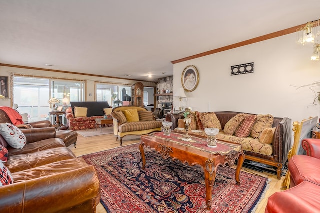 living room with wood-type flooring and crown molding