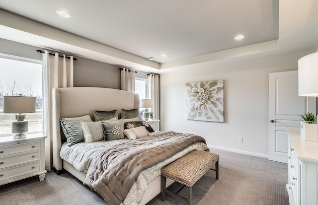 carpeted bedroom featuring a raised ceiling