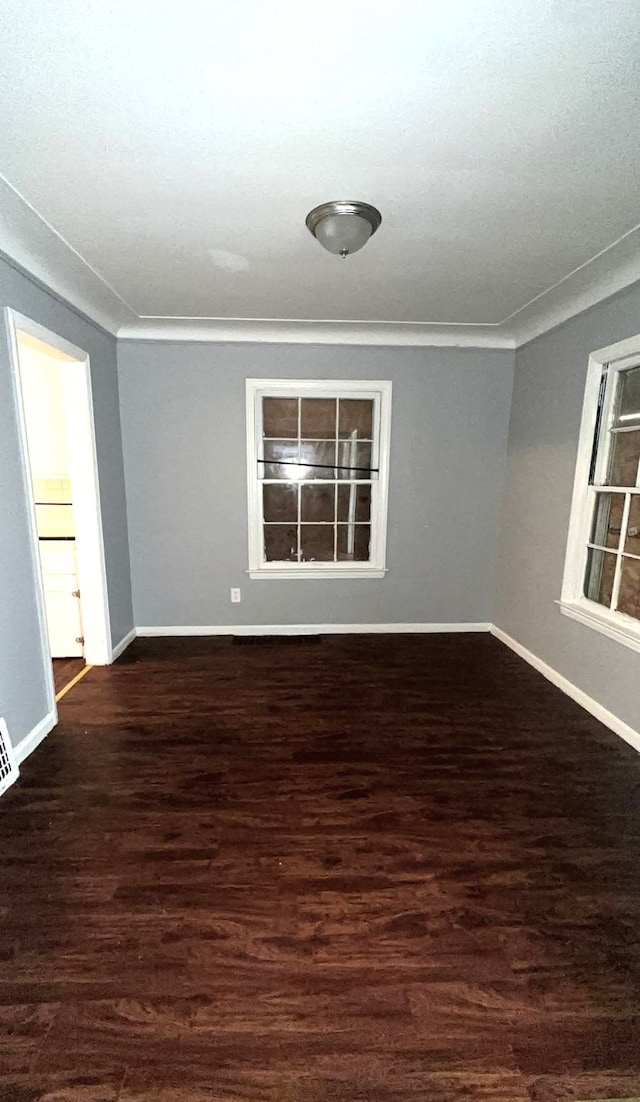 spare room with ornamental molding and dark wood-type flooring