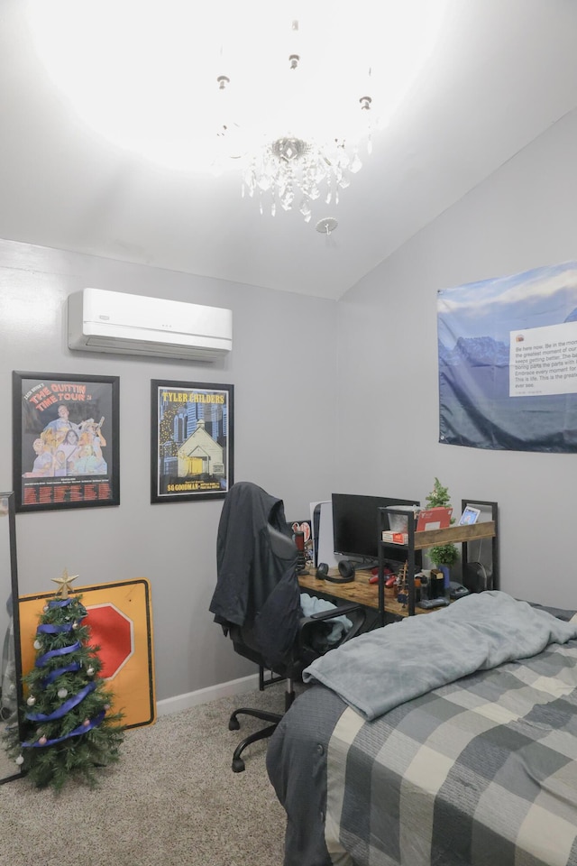 carpeted bedroom featuring a wall mounted air conditioner and baseboards