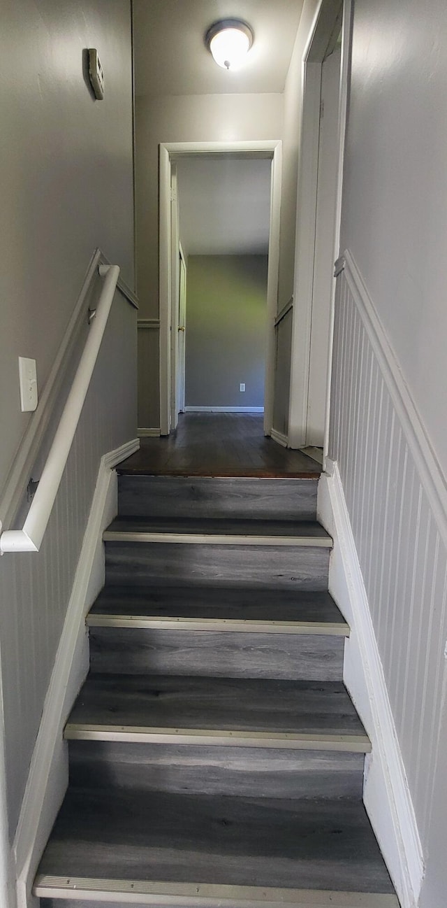 staircase with hardwood / wood-style flooring