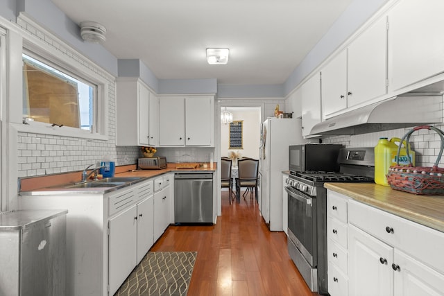 kitchen with sink, stainless steel appliances, backsplash, hardwood / wood-style floors, and white cabinets