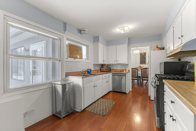 kitchen with white cabinets, sink, dark hardwood / wood-style floors, decorative backsplash, and appliances with stainless steel finishes