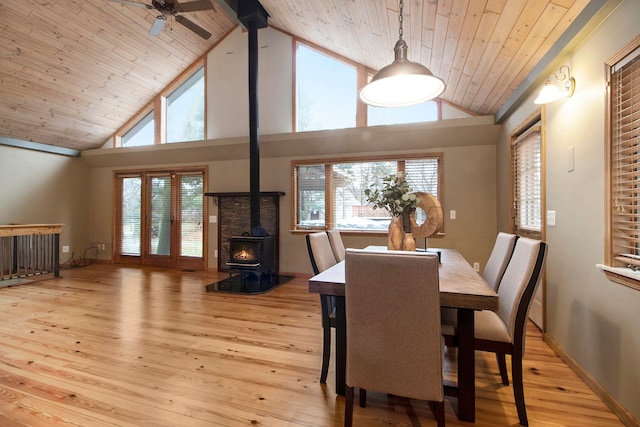 dining space with ceiling fan, light hardwood / wood-style flooring, high vaulted ceiling, and wooden ceiling