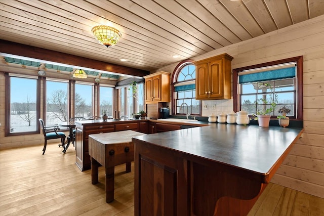 kitchen featuring light hardwood / wood-style flooring, kitchen peninsula, sink, and wooden ceiling