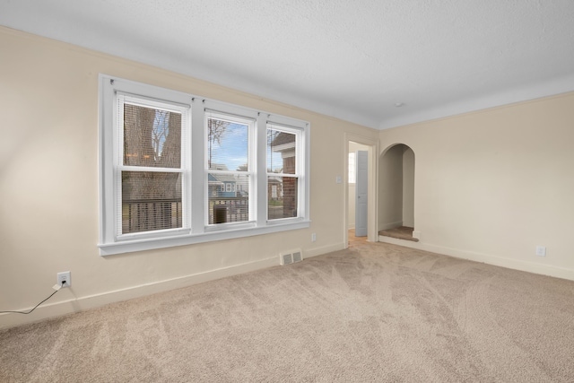 carpeted spare room with a textured ceiling