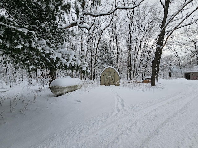 yard layered in snow with a storage unit