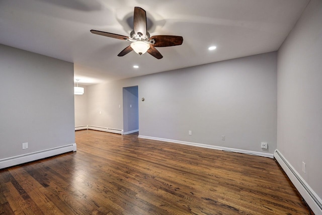 unfurnished room featuring dark hardwood / wood-style floors, baseboard heating, and ceiling fan