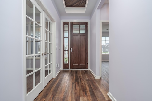 foyer entrance featuring french doors and dark wood-type flooring