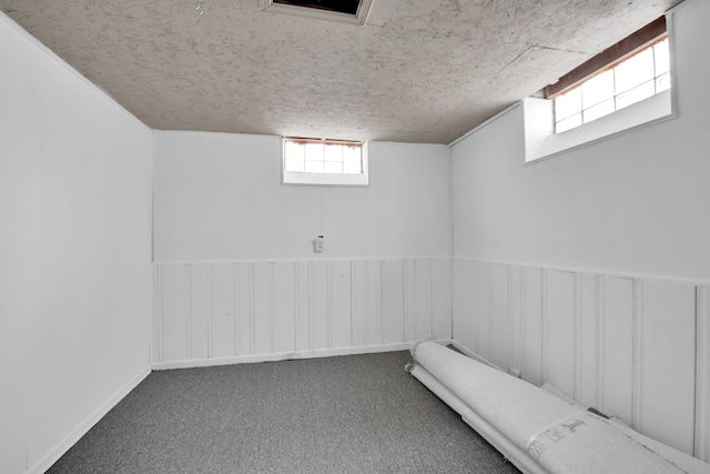 basement featuring carpet and a textured ceiling