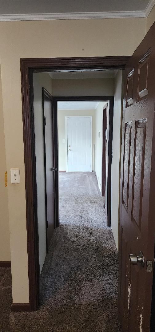 hallway featuring dark carpet and ornamental molding