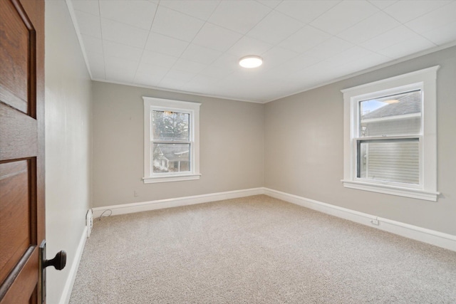 carpeted spare room with crown molding