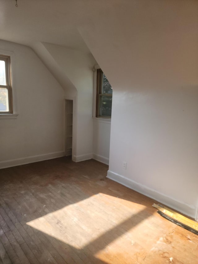 additional living space with wood-type flooring and vaulted ceiling