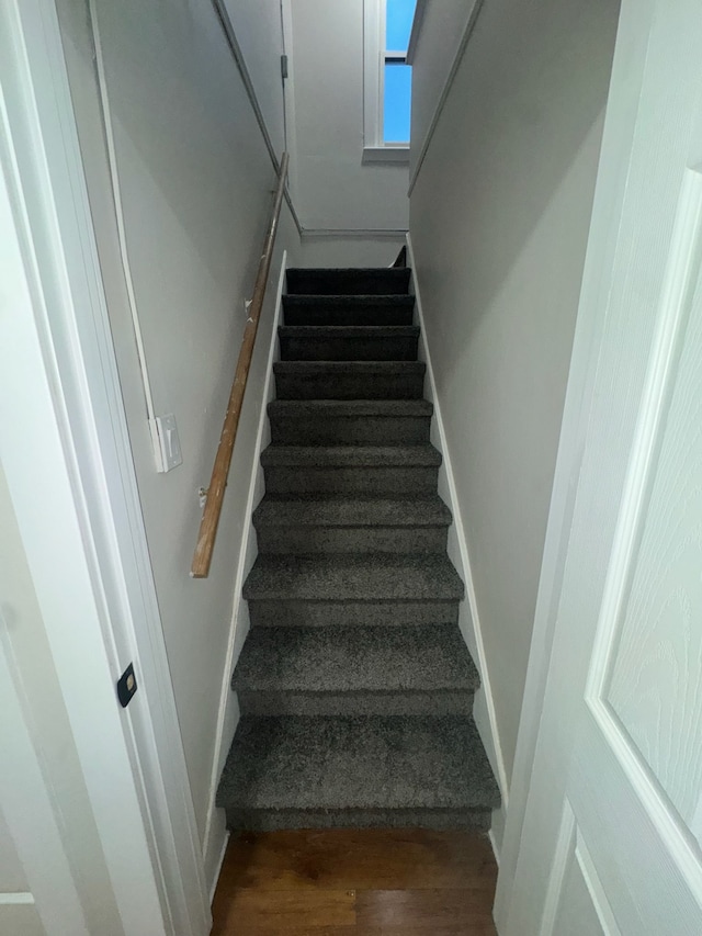 stairway with hardwood / wood-style flooring