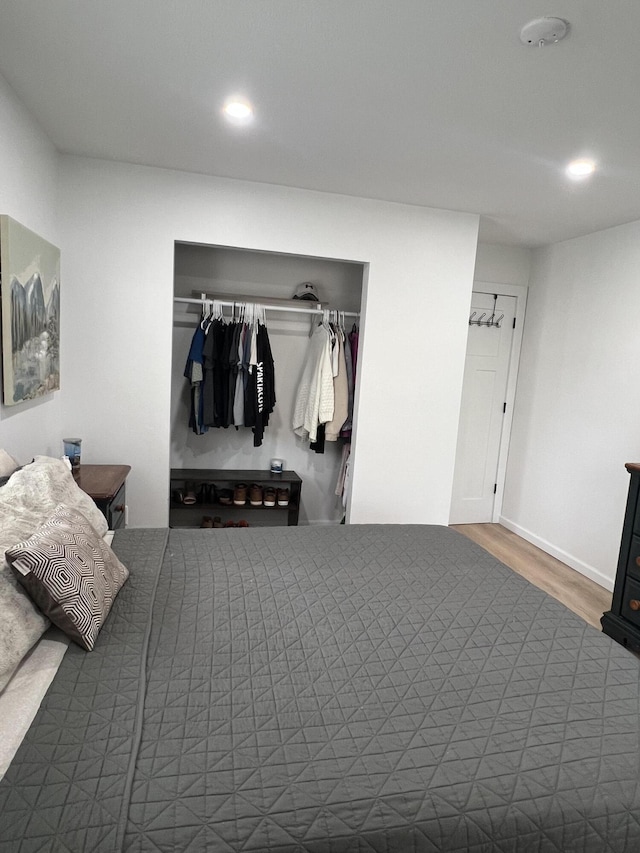 bedroom with a closet and hardwood / wood-style floors