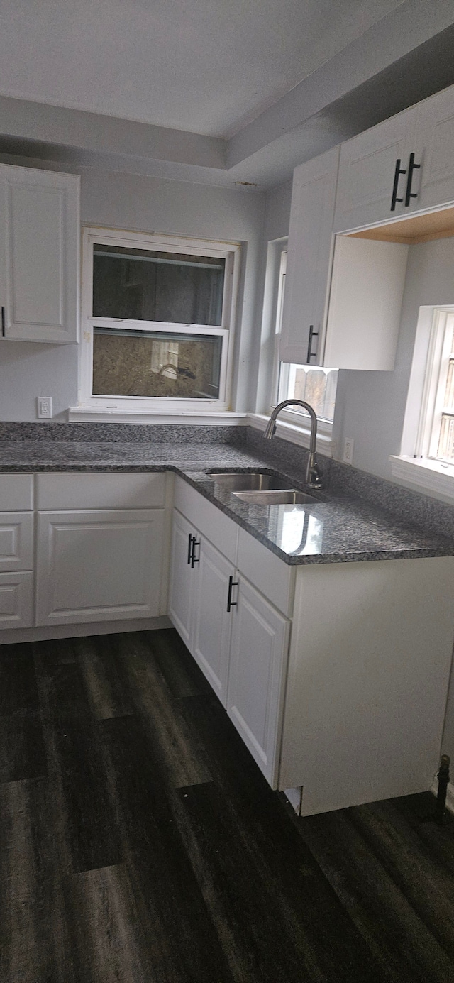 kitchen featuring dark hardwood / wood-style flooring, white cabinetry, and sink