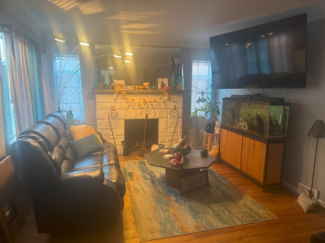 living room with a fireplace, wood-type flooring, and a wealth of natural light