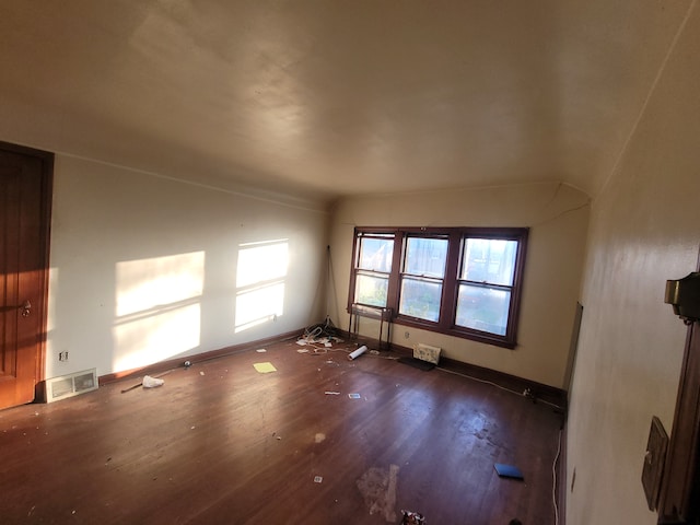 unfurnished room featuring vaulted ceiling, a healthy amount of sunlight, and dark hardwood / wood-style floors