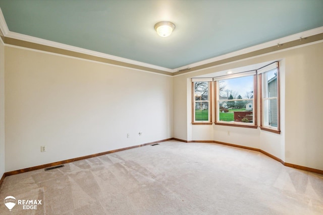 spare room featuring light colored carpet and ornamental molding