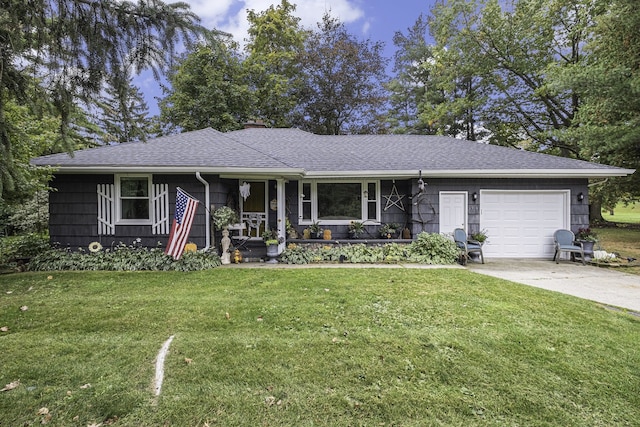 ranch-style home with a porch, a front yard, and a garage