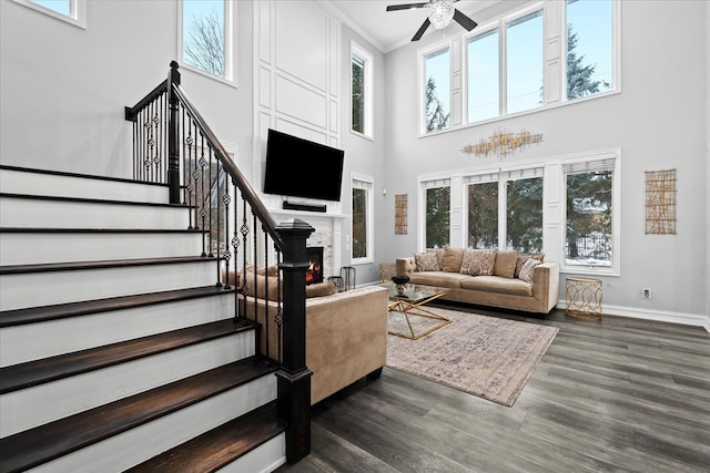 living room with a high ceiling, ornamental molding, ceiling fan, and dark wood-type flooring