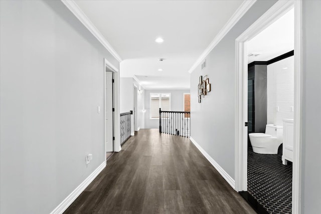 hallway with crown molding and dark wood-type flooring