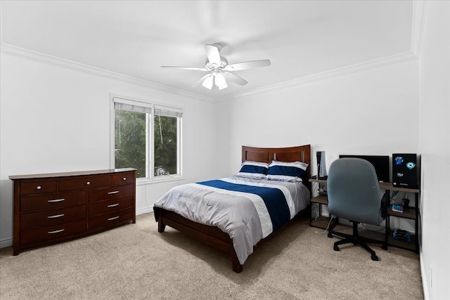 bedroom featuring ceiling fan, light colored carpet, and ornamental molding