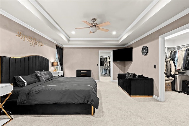 carpeted bedroom featuring ceiling fan, a spacious closet, ornamental molding, a tray ceiling, and a closet