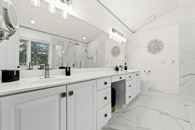 bathroom with an enclosed shower, vanity, toilet, and vaulted ceiling