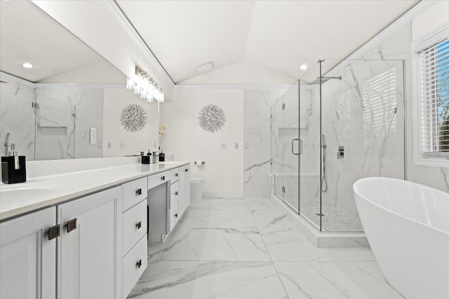 full bathroom featuring crown molding, vaulted ceiling, toilet, vanity, and independent shower and bath