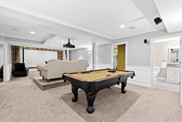 recreation room featuring light carpet, ornamental molding, and pool table