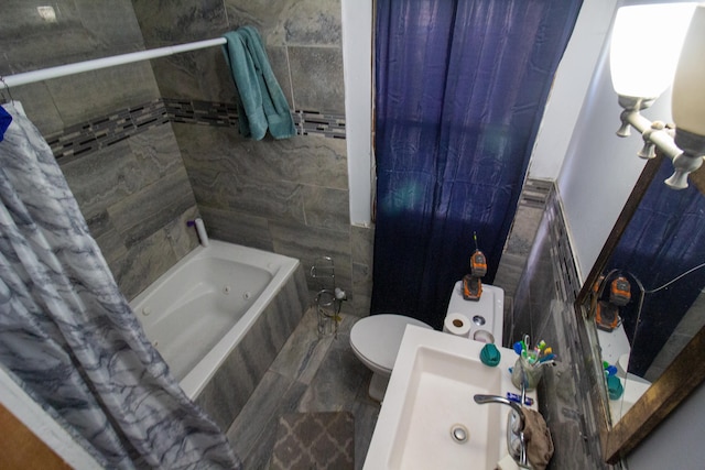 full bathroom with sink, shower / tub combo with curtain, tile walls, and toilet