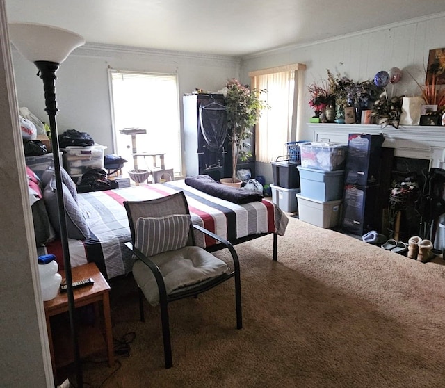 carpeted bedroom featuring ornamental molding