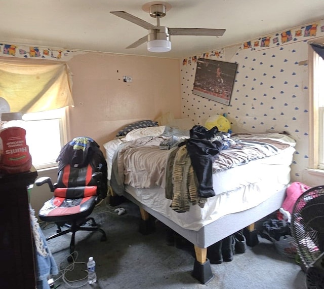 bedroom with carpet flooring and ceiling fan