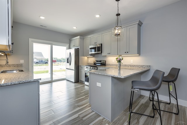 kitchen with sink, hanging light fixtures, light hardwood / wood-style flooring, a kitchen bar, and appliances with stainless steel finishes