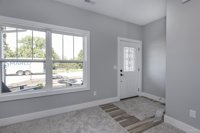 foyer entrance with a wealth of natural light and hardwood / wood-style floors