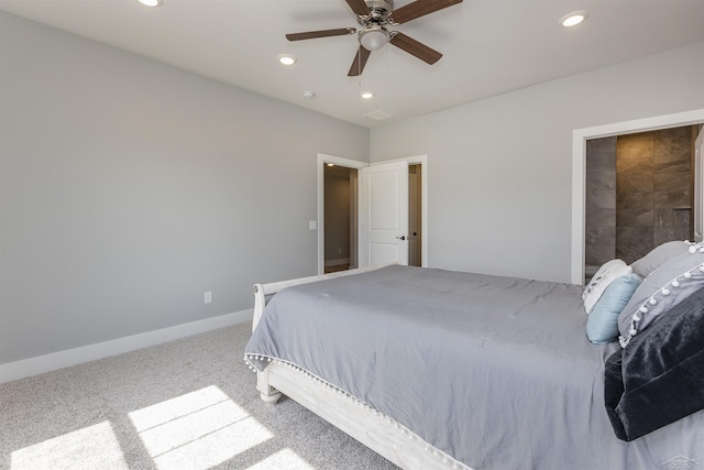 bedroom with ceiling fan and carpet floors