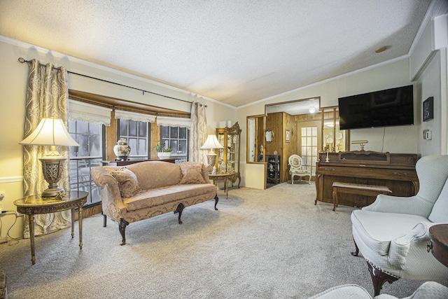 living room with a textured ceiling, carpet, lofted ceiling, and ornamental molding