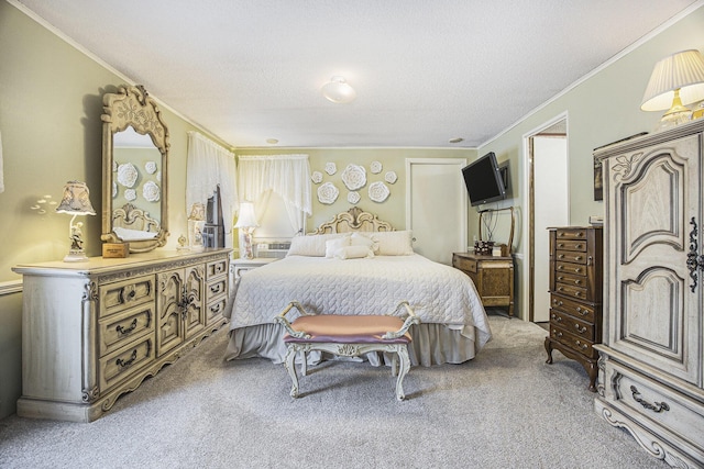 carpeted bedroom with ornamental molding