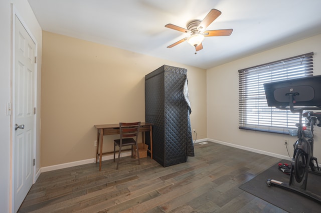 workout area featuring dark hardwood / wood-style floors and ceiling fan