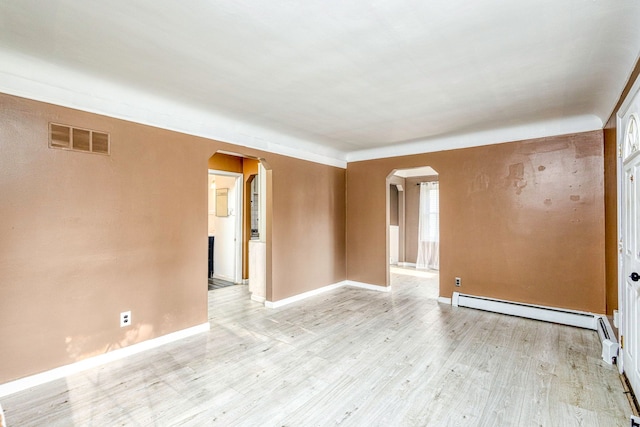 empty room with light hardwood / wood-style floors and a baseboard radiator