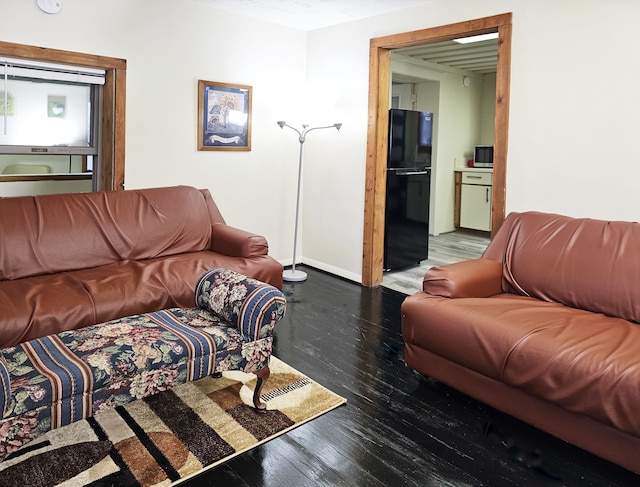 living room featuring dark wood-type flooring